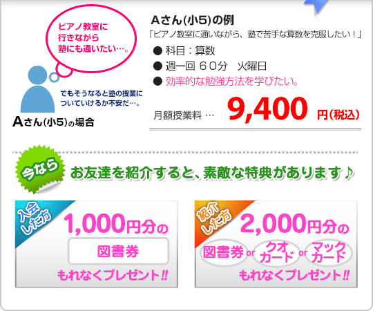 授業料一例、お友達を紹介すると、素敵な特典があります♪